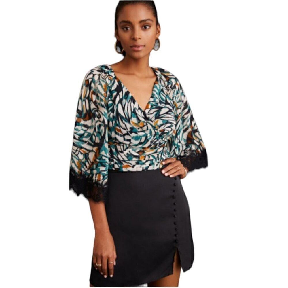 By Anthropologie Black Motif Lace Cuff Flutter Sleeve Wrap Top Size XXS